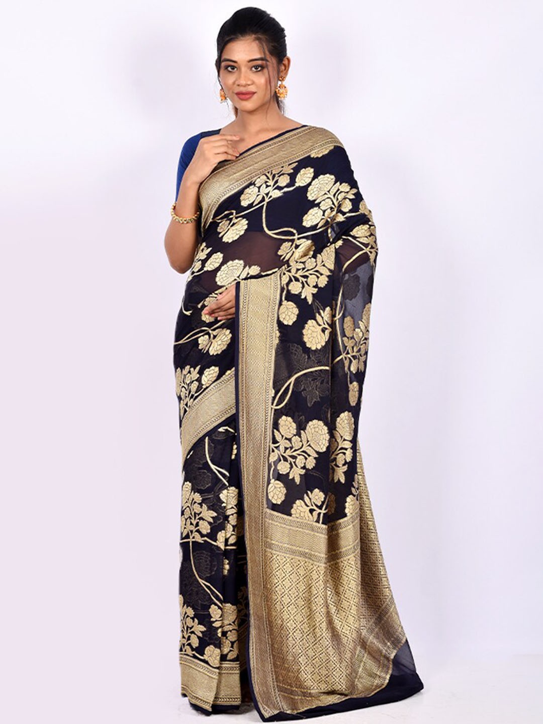 

AllSilks Floral Woven Design Zari Pure Silk Saree, Blue