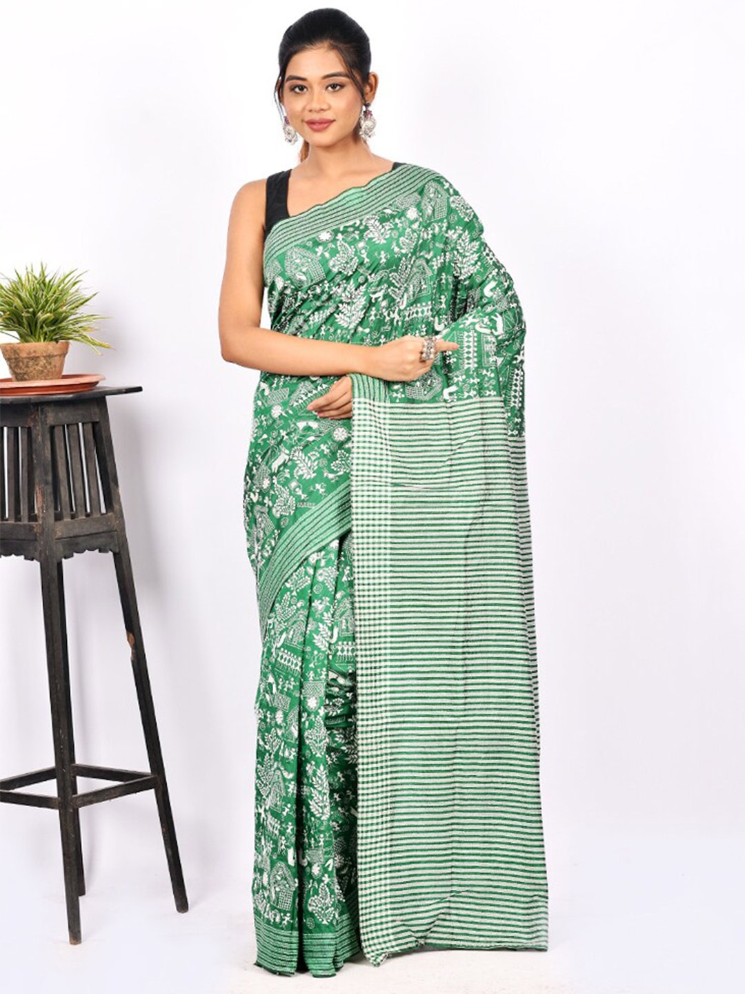 

AllSilks Ethnic Motifs Kantha Stitch Pure Silk Saree, Green