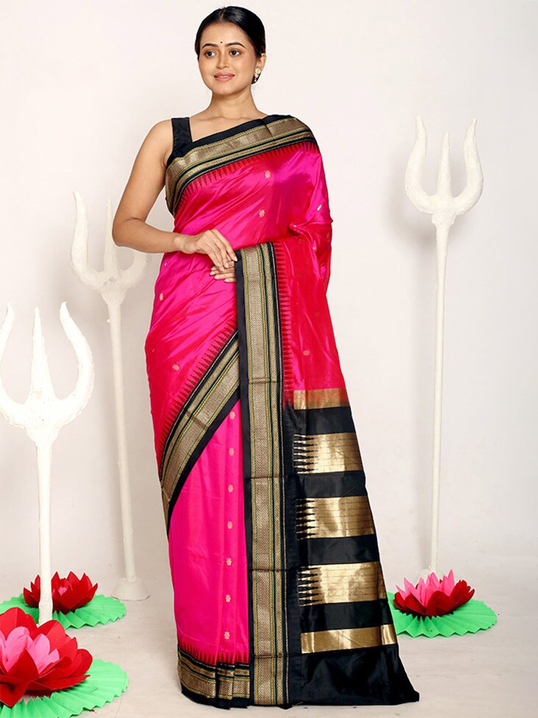 

AllSilks Pink & Black Woven Design Zari Pure Silk Kanjeevaram Saree