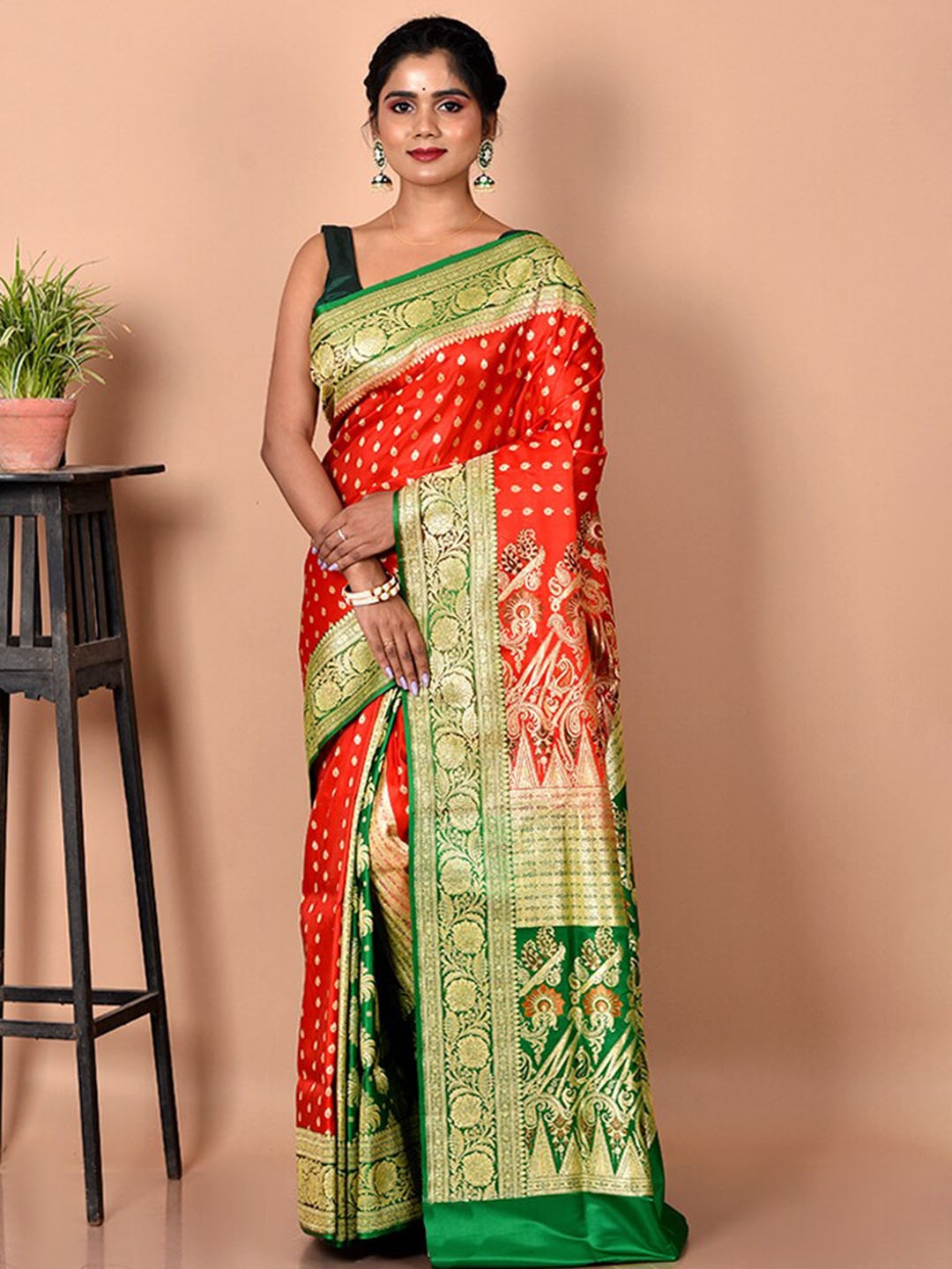 

AllSilks Ethnic Motif Pure Silk Banarasi Zari Saree With Blouse Piece, Red