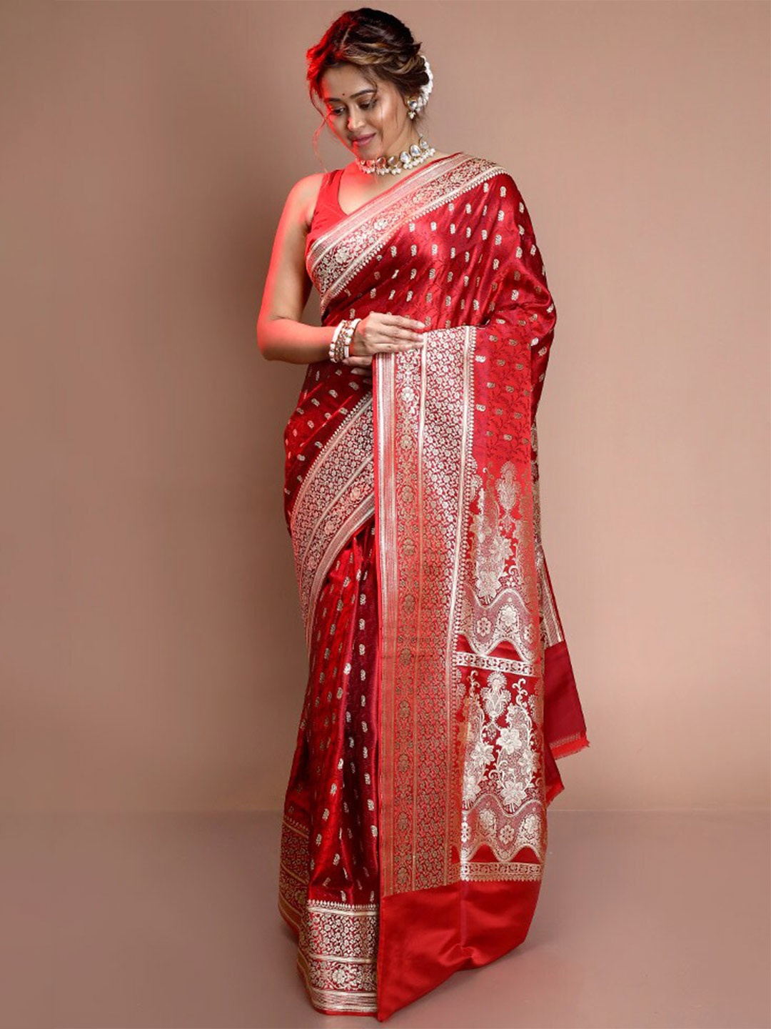 

AllSilks Maroon & Silver-Toned Woven Design Zari Pure Silk Saree