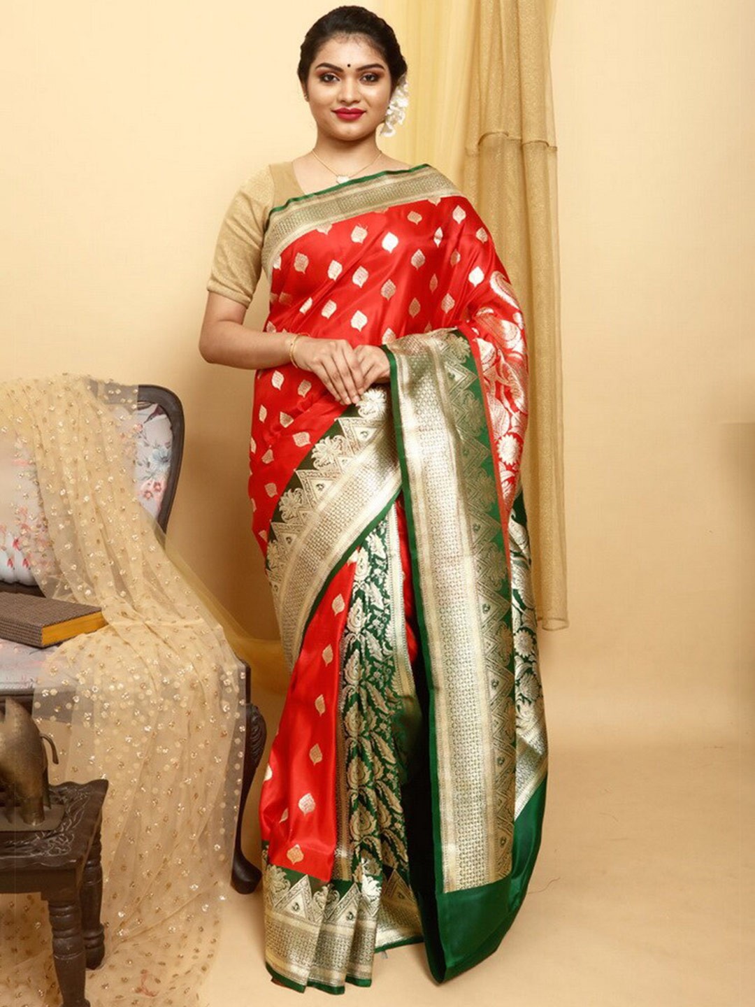 

AllSilks Ethnic Motifs Woven Design Zari Pure Silk Banarasi Saree, Red