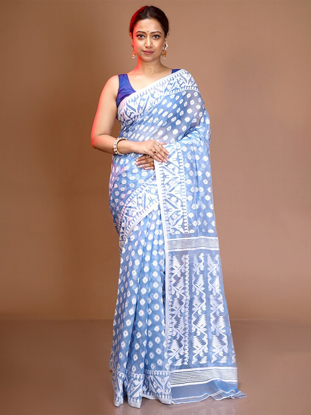 

AllSilks Blue & White Woven Design Pure Silk Taant Saree