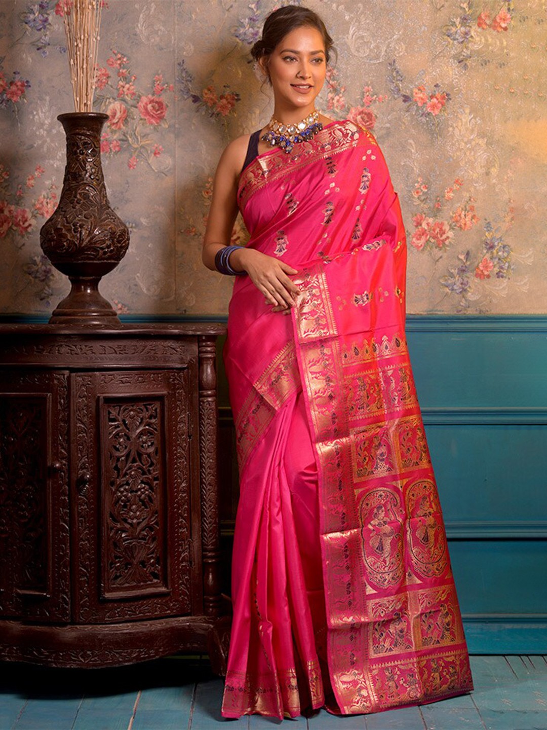 

AllSilks Ethnic Motif Woven Design Zari Pure Silk Baluchari Saree, Pink