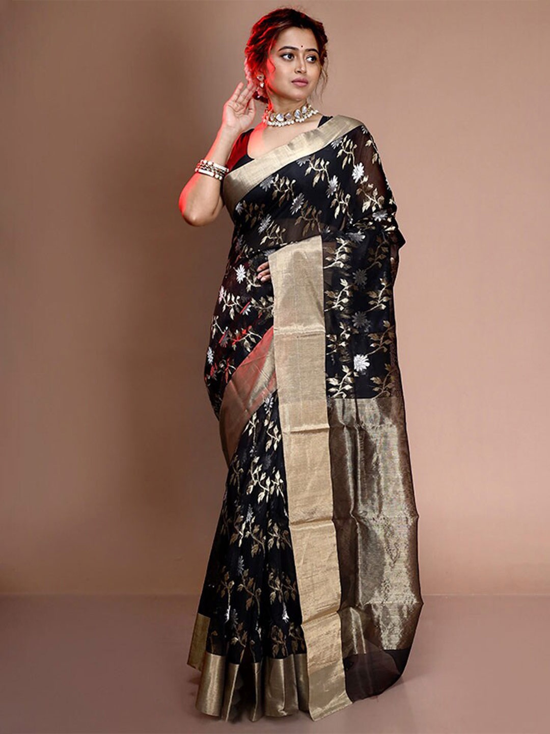 

AllSilks Black & Gold-Toned Woven Design Zari Pure Silk Chanderi Saree