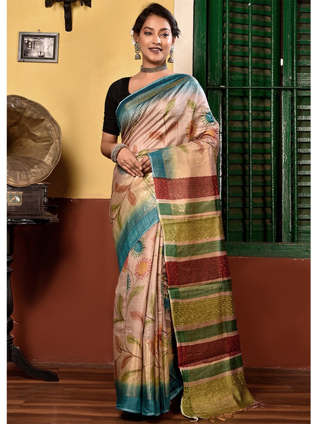 

AllSilks Cream-Coloured & Green Floral Pure Silk Tussar Saree