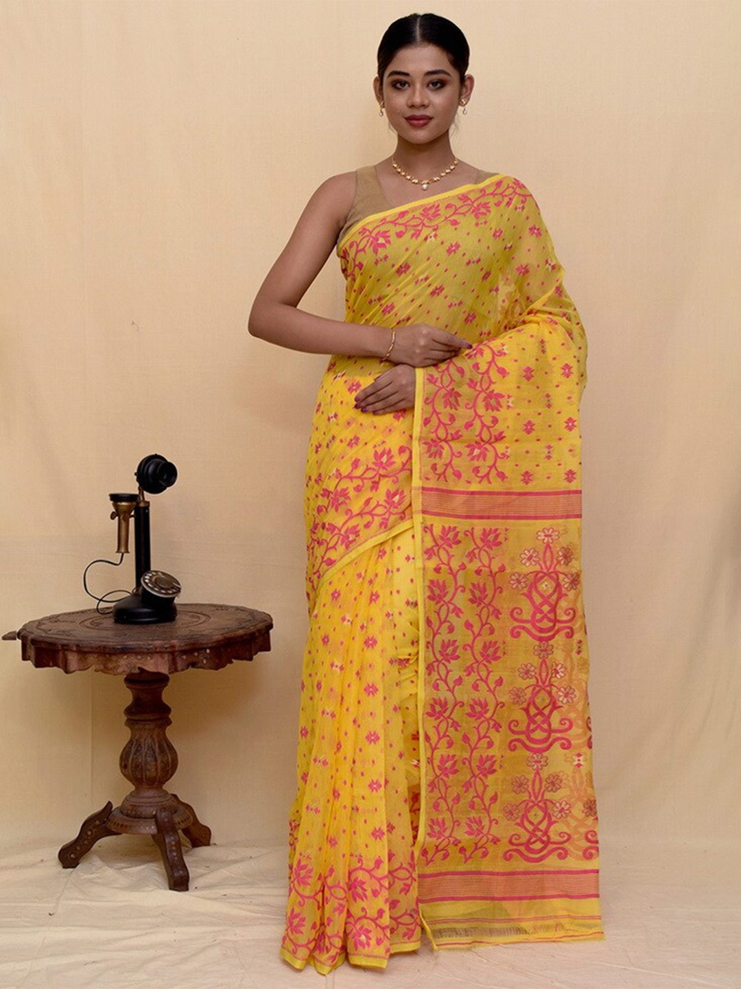 

AllSilks Floral Woven Design Pure Silk Taant Saree, Yellow