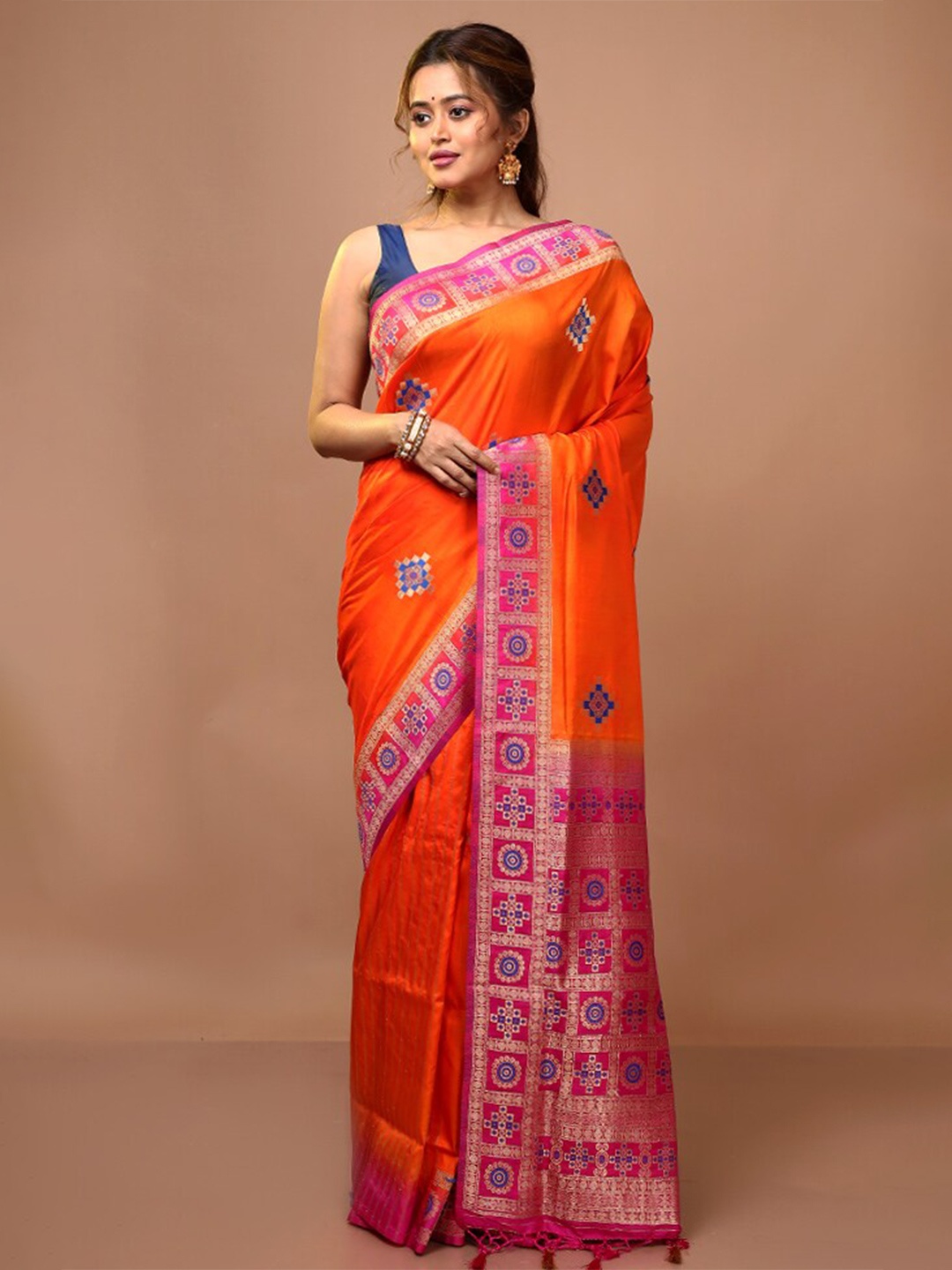 

AllSilks Orange & Pink Ethnic Motifs Pure Silk Saree