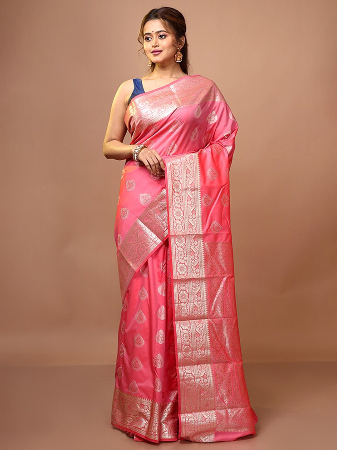 

AllSilks Pink & Silver-Toned Woven Design Zari Pure Silk Kanjeevaram Saree