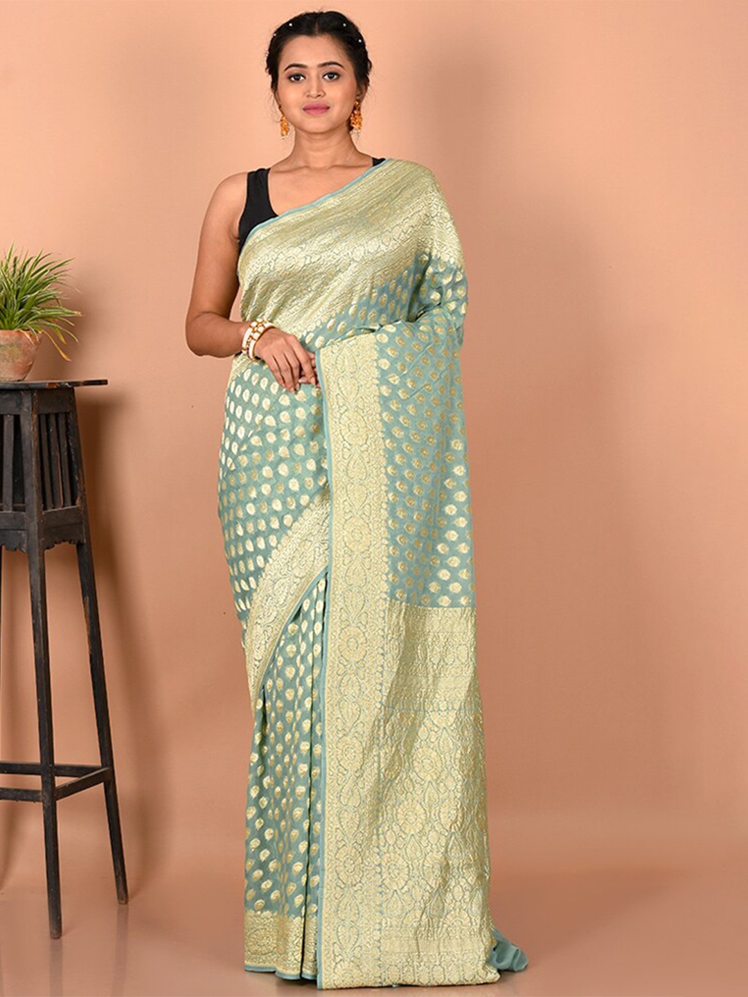 

AllSilks Ethnic Motifs Woven Design Zari Pure Silk Saree, Green