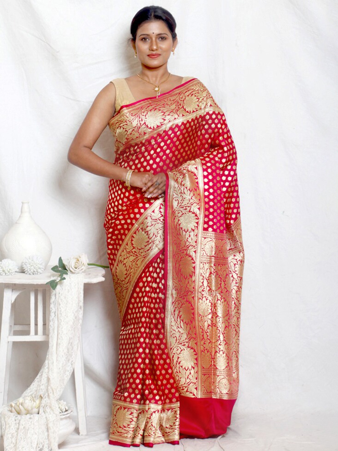 

AllSilks Ethnic Motif Pure Silk Banarasi Zari Saree With Blouse Piece, Pink