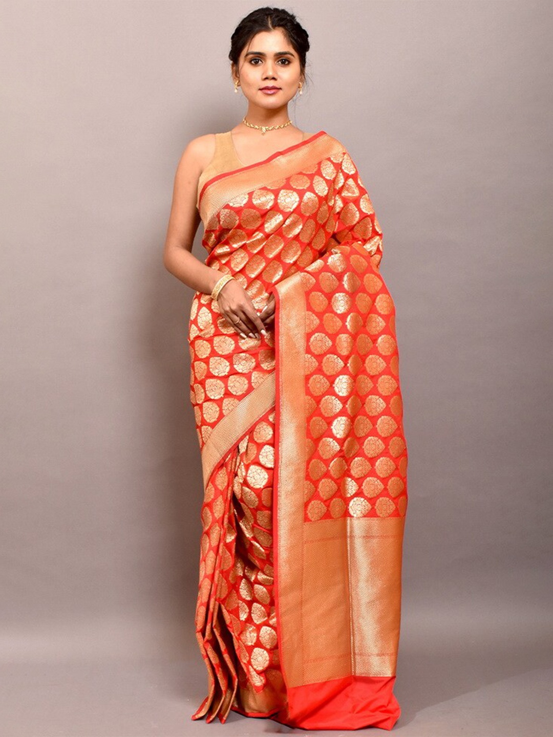 

AllSilks Red & Gold-Toned Woven Design Zari Pure Silk Uppada Saree
