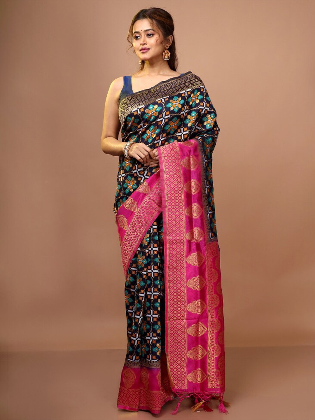 

AllSilks Ethnic Motifs Woven Design Zari Pure Silk Saree, Navy blue