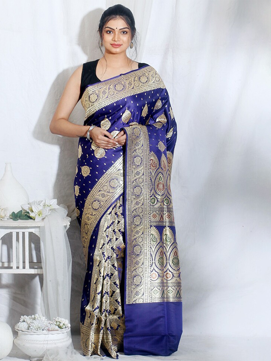 

AllSilks Ethnic Motif Woven Design Zari Pure Silk Banarasi Saree, Blue