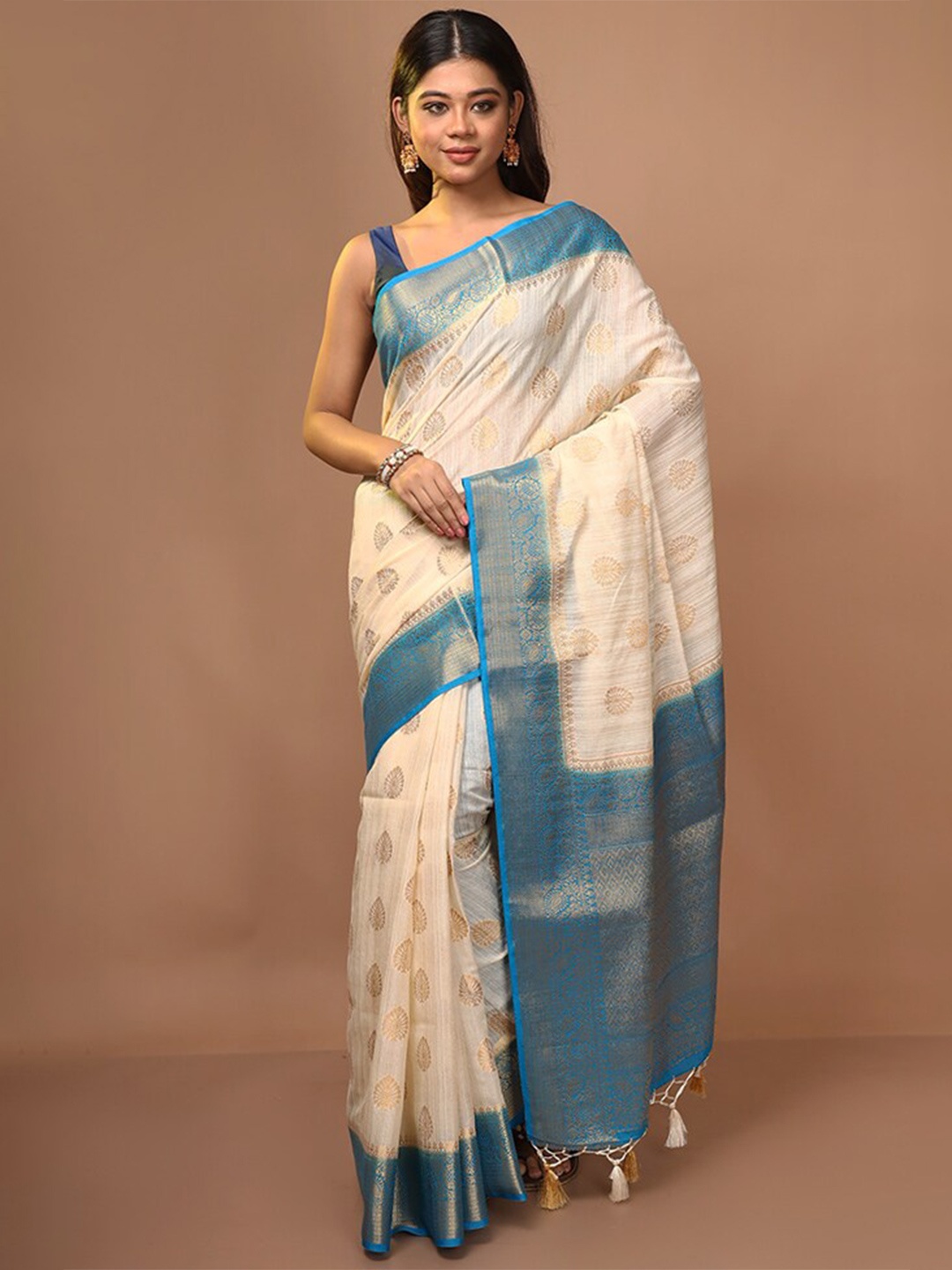 

AllSilks White & Blue Woven Design Zari Pure Silk Saree