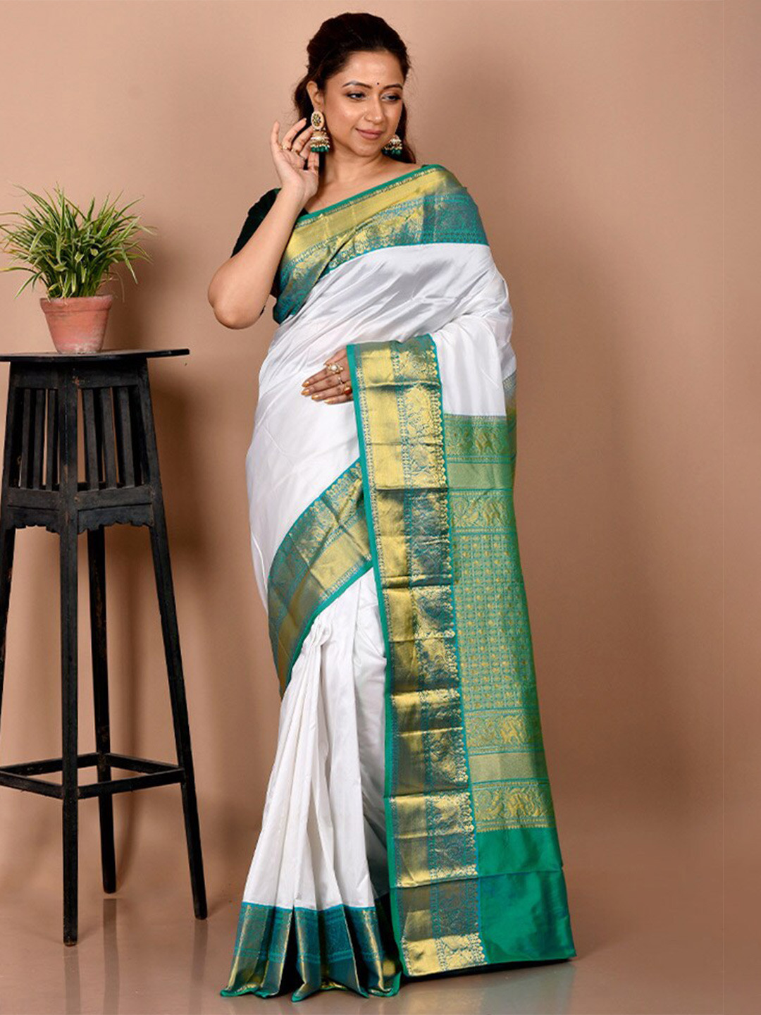 

AllSilks Woven Design Zari Pure Silk Kanjeevaram Saree, White