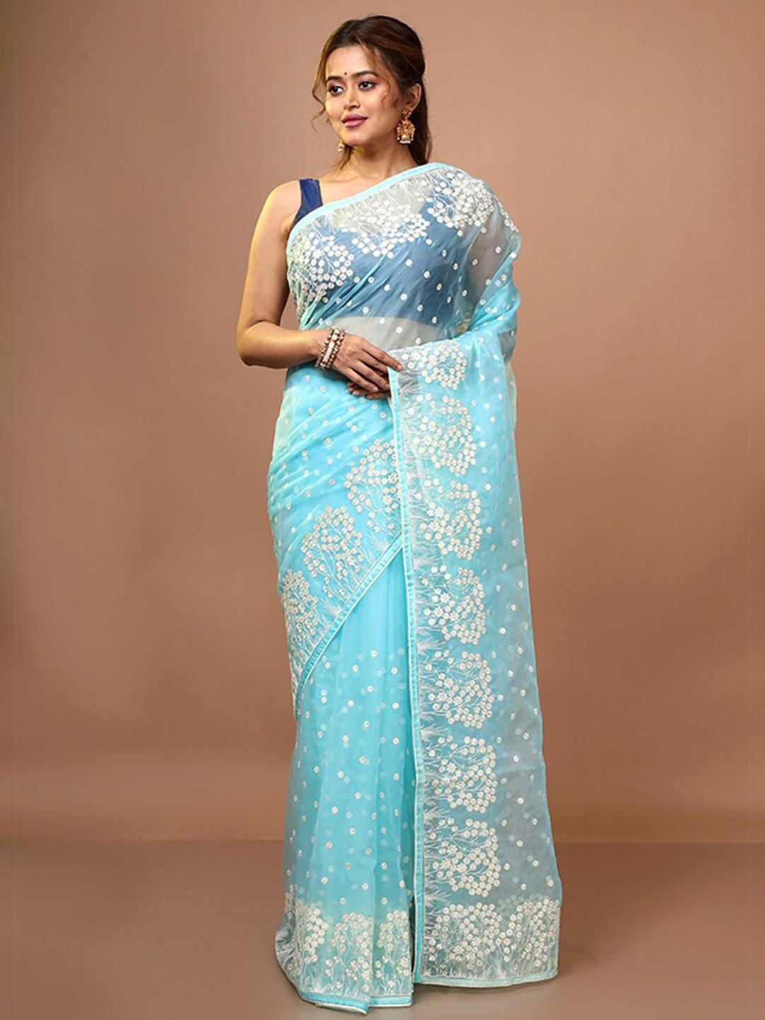

AllSilks Floral Embroidered Pure Silk Saree, Blue