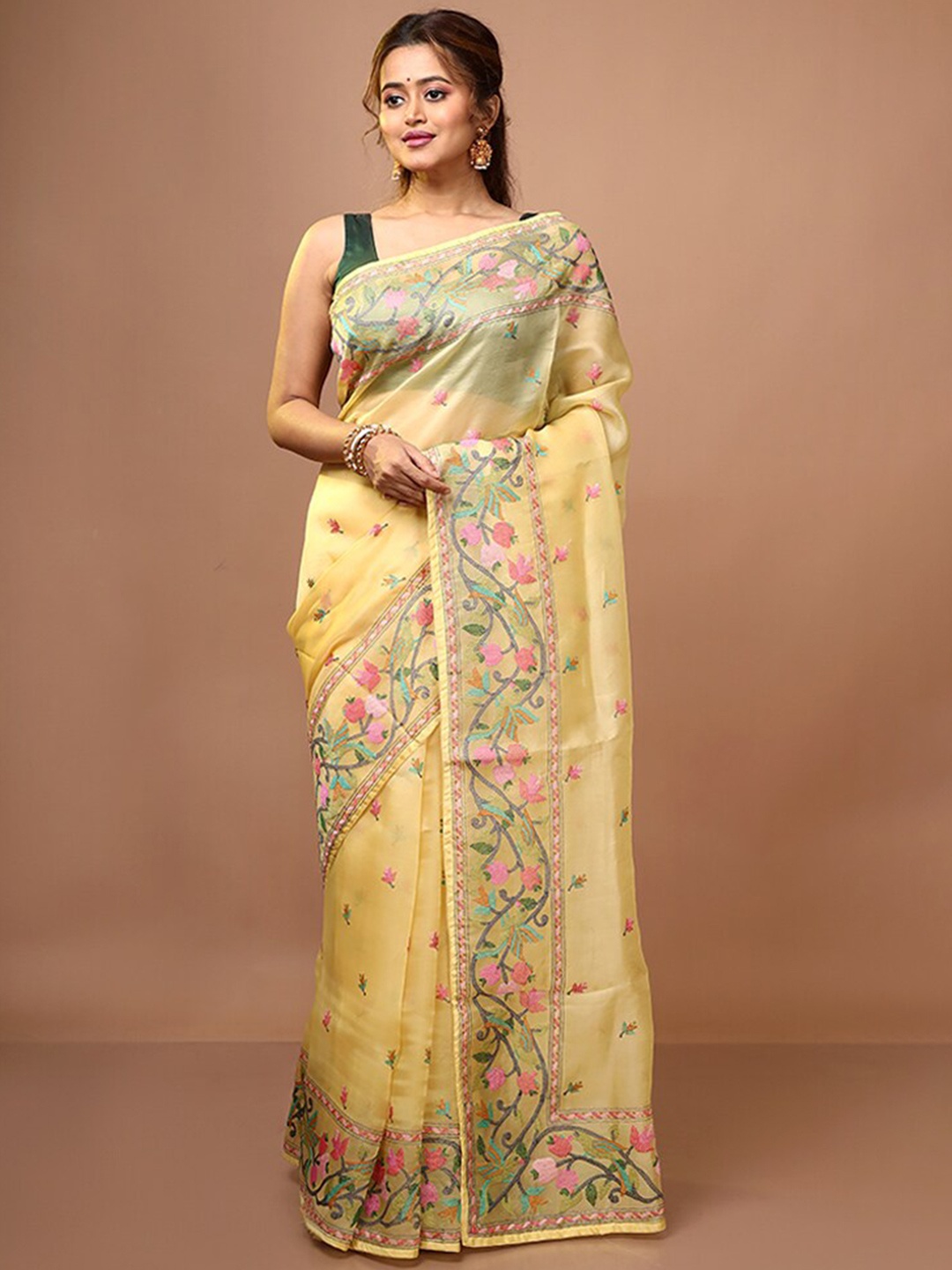 

AllSilks Yellow & Pink Ethnic Motifs Embroidered Pure Silk Saree