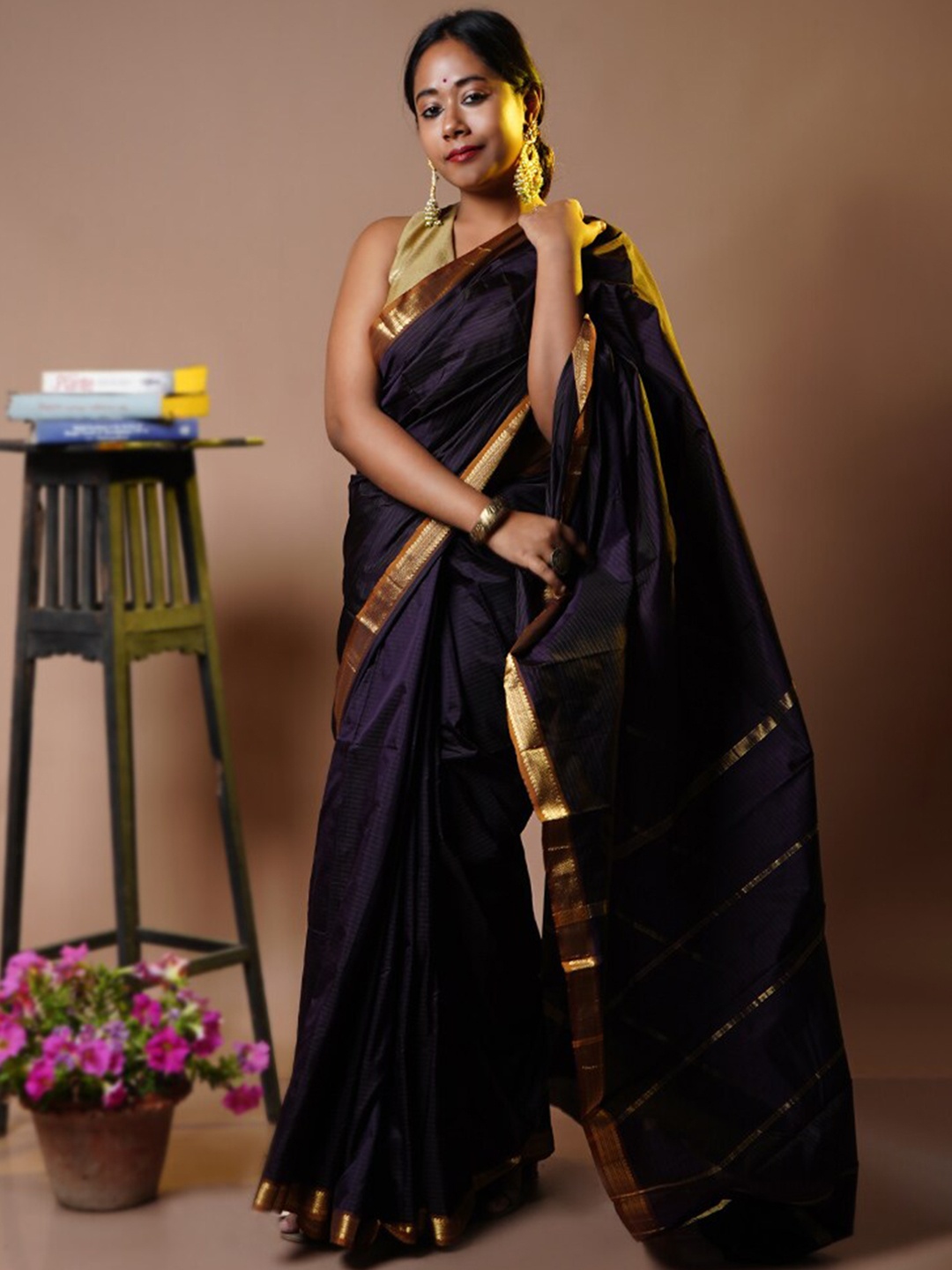 

AllSilks Striped Zari Pure Silk Kanjeevaram Saree, Purple
