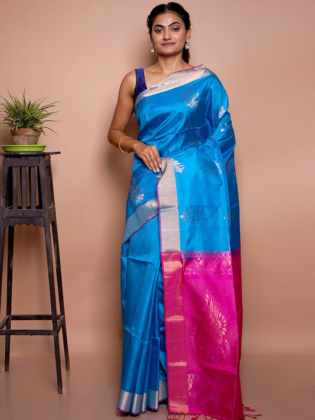 

AllSilks Ethnic Motifs Woven Design Zari Pure Silk Kanjeevaram Saree, Blue