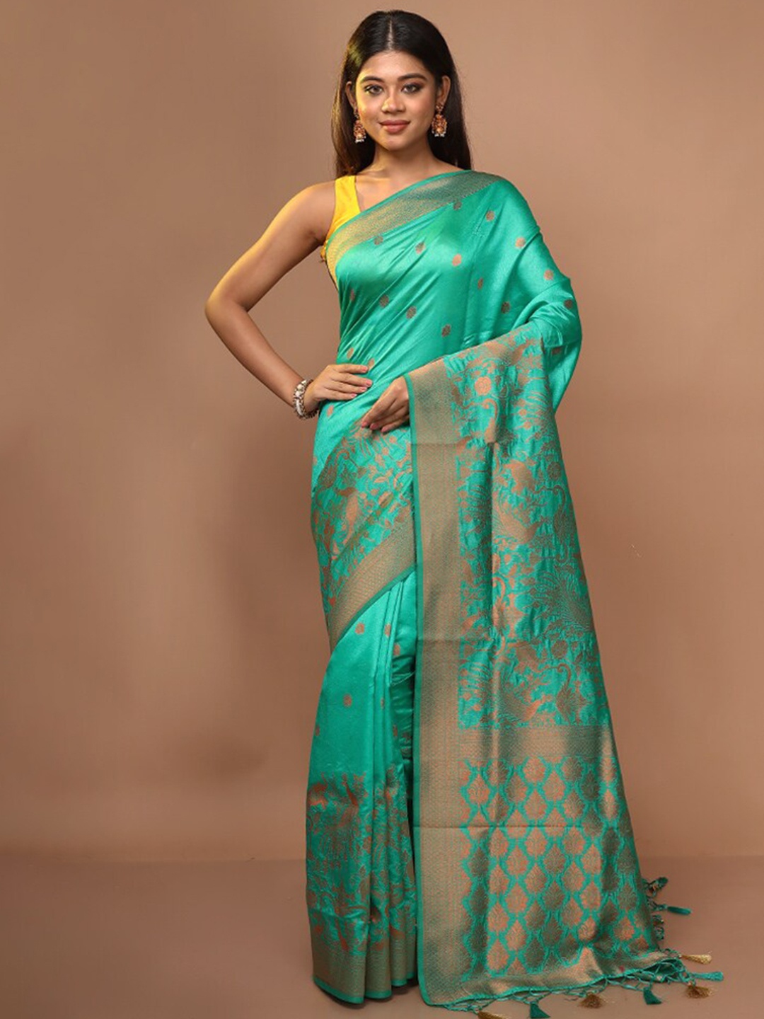 

AllSilks Green & Copper-Toned Woven Design Zari Pure Silk Saree