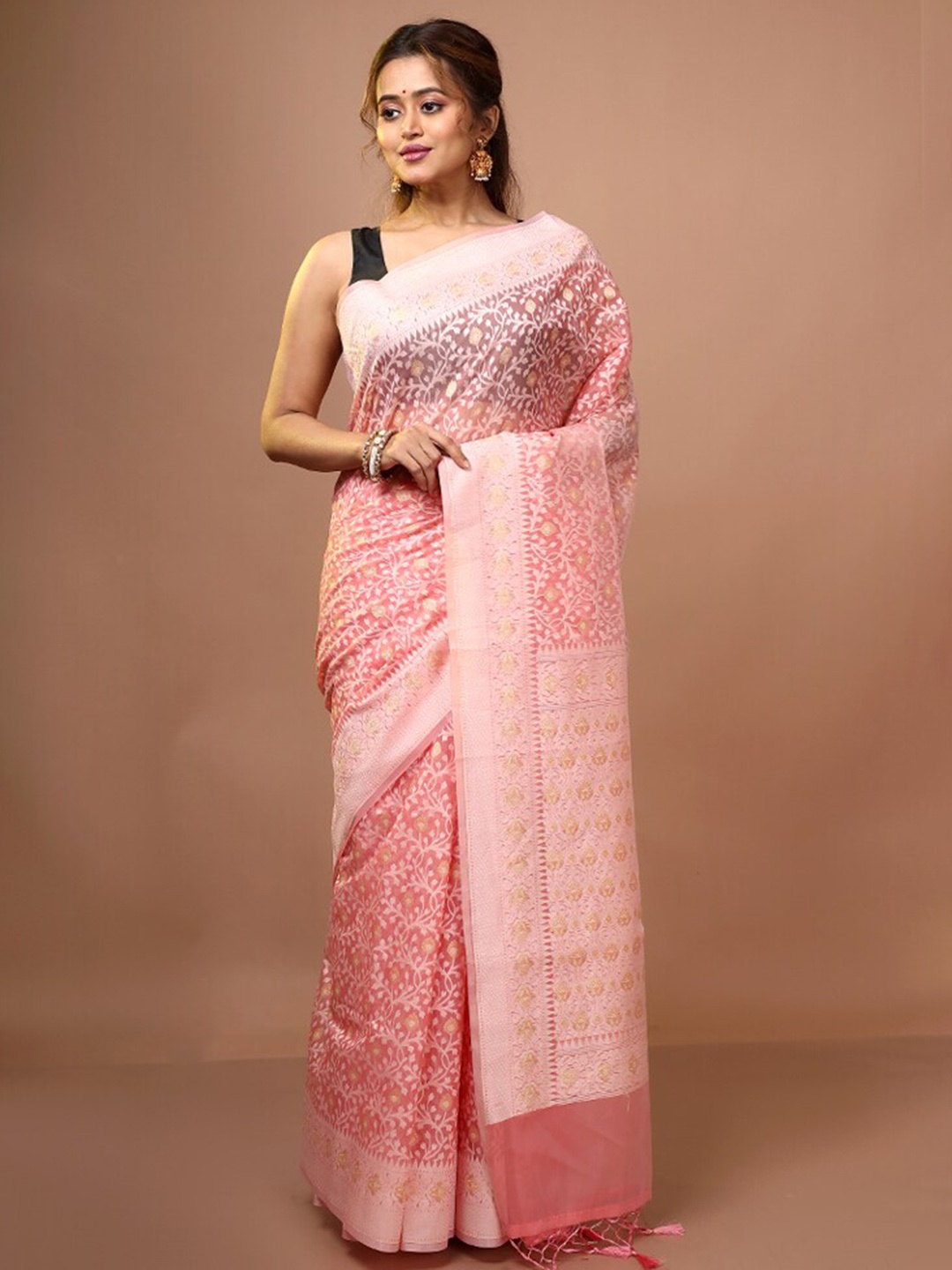

AllSilks Pink & Gold-Toned Woven Design Zari Pure Silk Saree