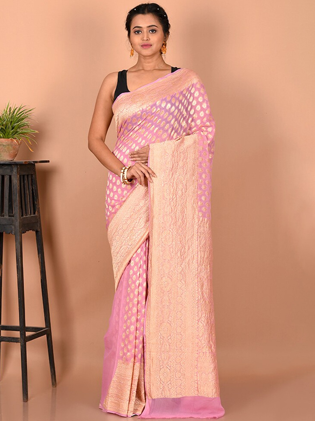 

AllSilks Pink & Gold-Toned Woven Design Zari Pure Silk Saree