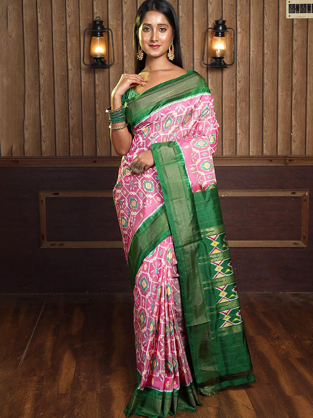 

AllSilks Ethnic Motifs Printed Zari Pure Silk Ikat Saree, Pink