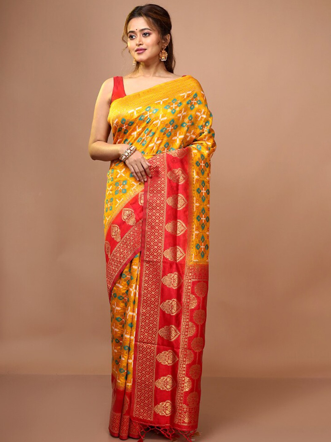 

AllSilks Yellow & Red Woven Design Zari Pure Silk Saree