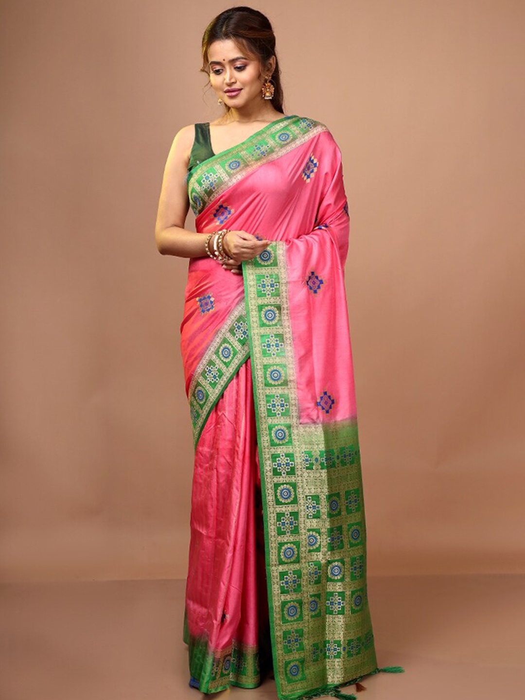 

AllSilks Pink & Green Woven Design Zari Pure Silk Saree