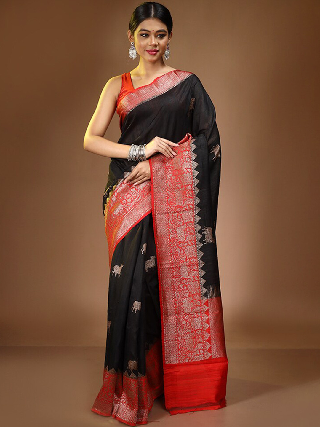 

AllSilks Black & Red Woven Design Zari Pure Silk Tussar Saree