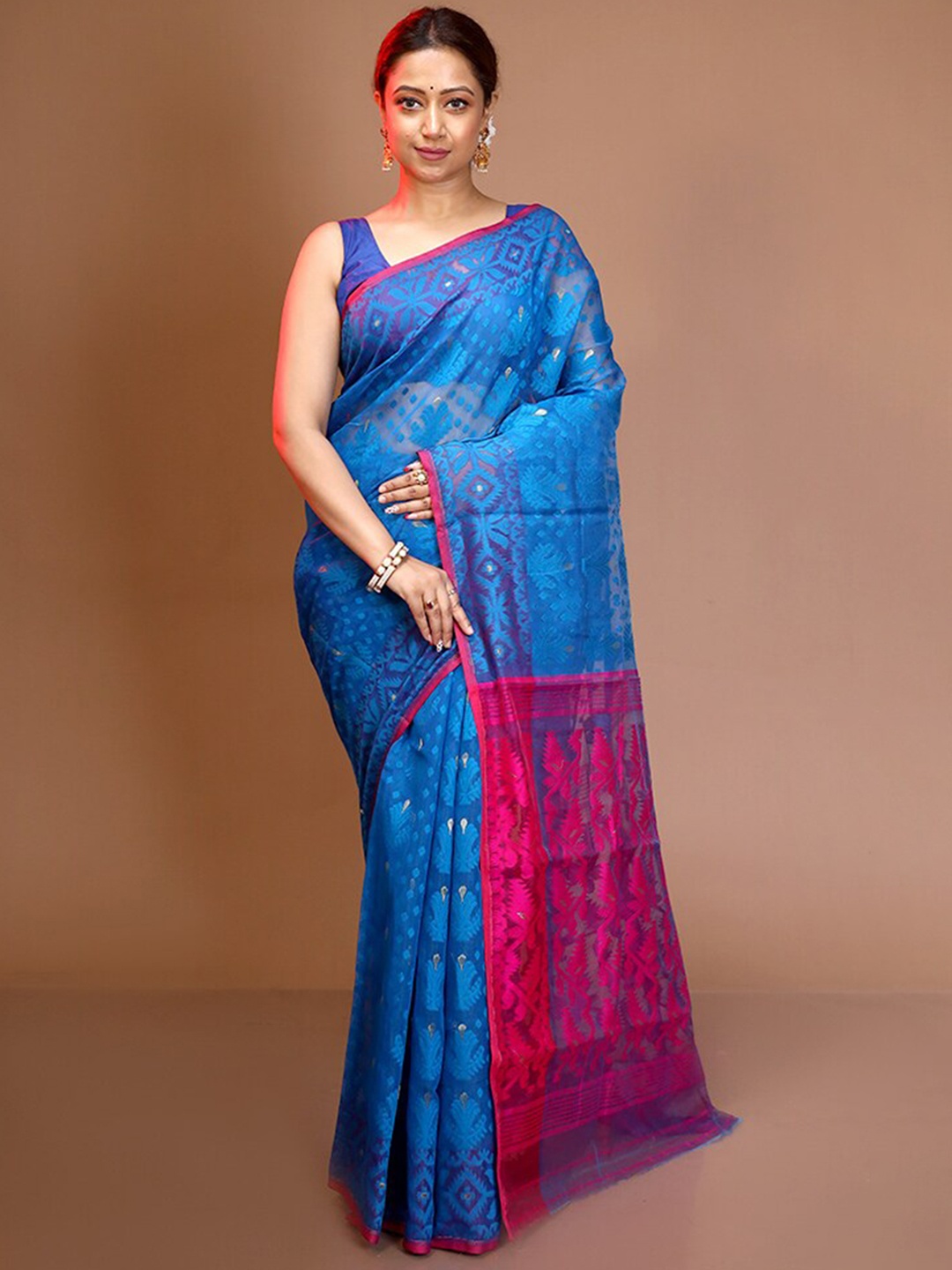 

AllSilks Blue & Pink Woven Design Pure Silk Taant Saree