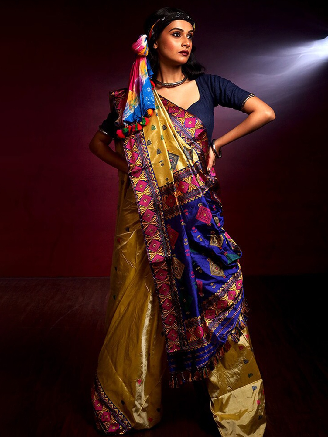 

AllSilks Cream-Coloured & Blue Woven Design Pure Silk Saree