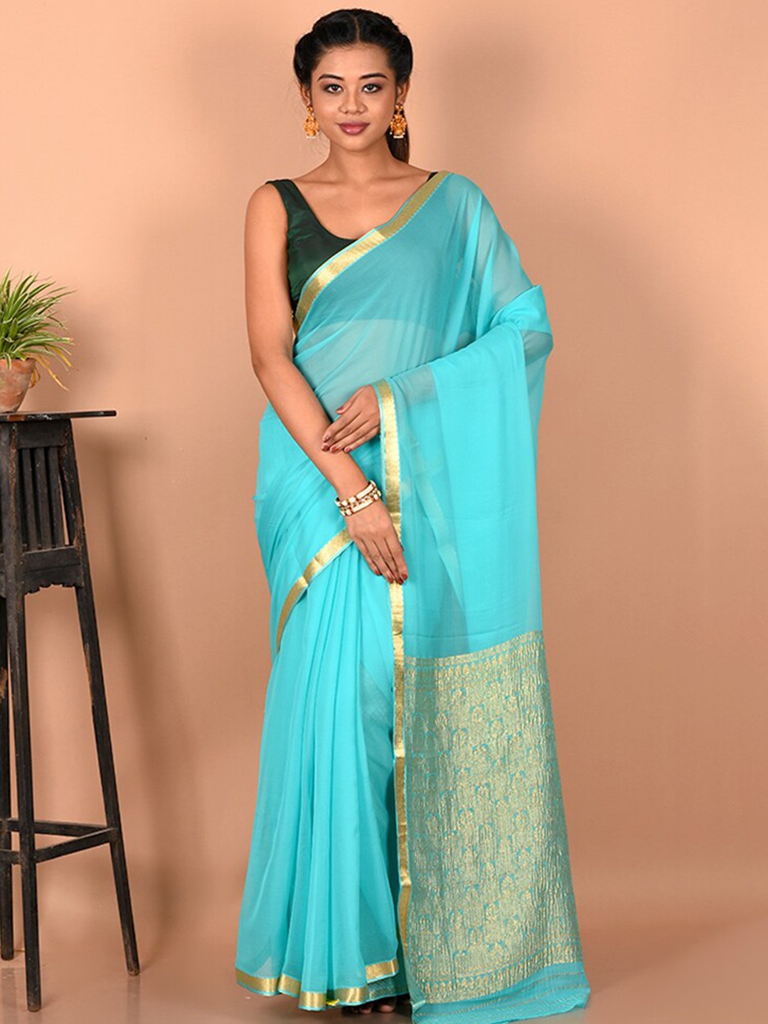 

AllSilks Pure Silk Zari Saree With Blouse Piece, Blue