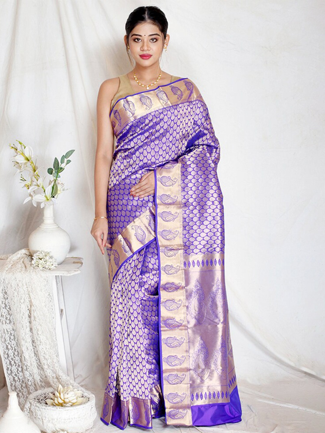 

AllSilks Ethnic Motif Woven Design Zari Pure Silk Kanjeevaram Saree, Blue