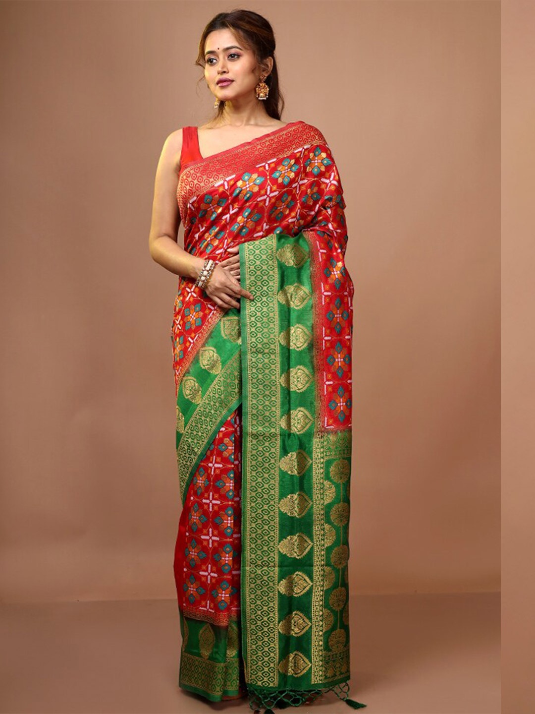 

AllSilks Ethnic Motif Woven Design Zari Pure Silk Saree, Red