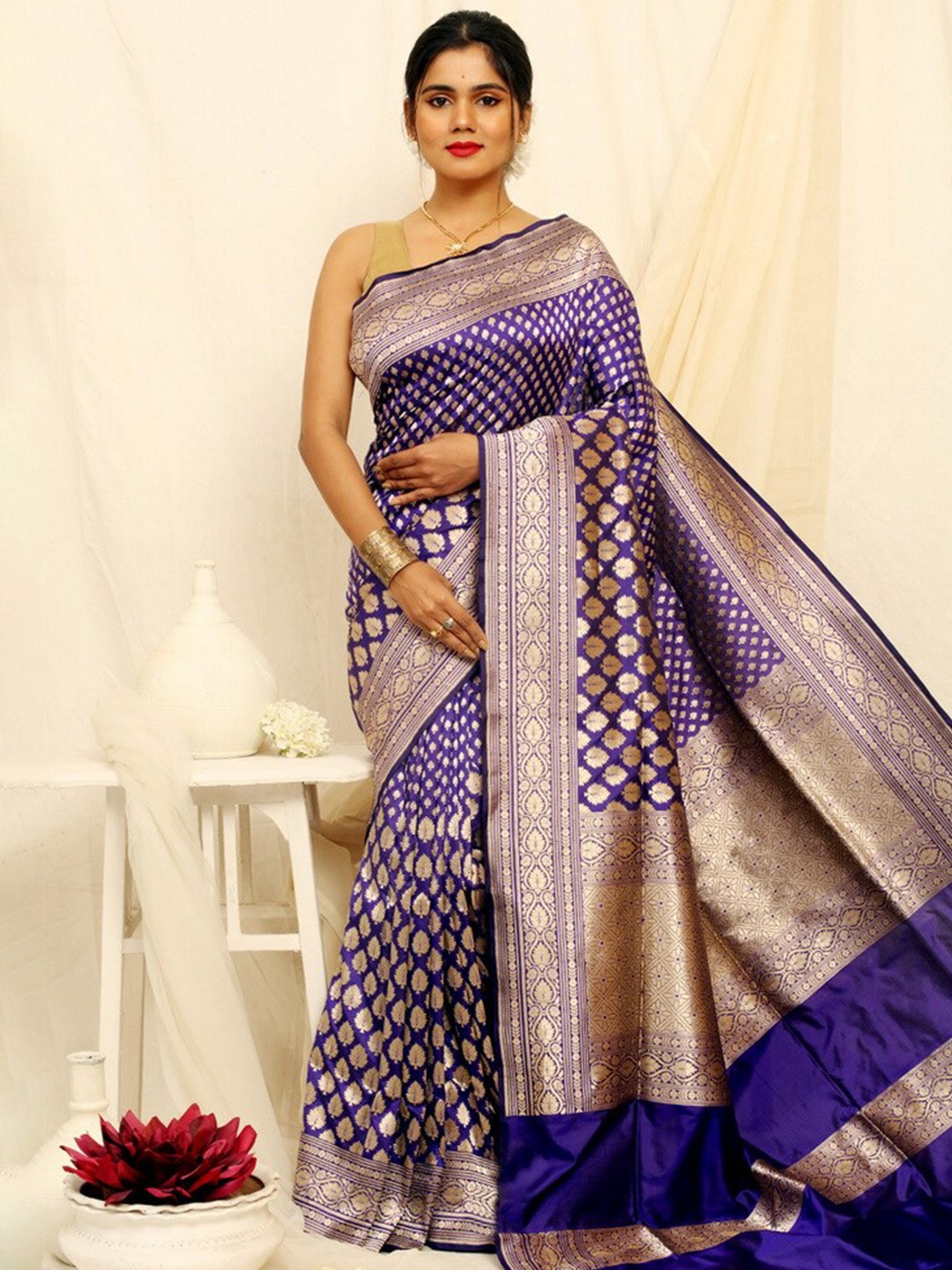 

AllSilks Ethnic Motifs Woven Design Zari Pure Silk Uppada Saree, Blue