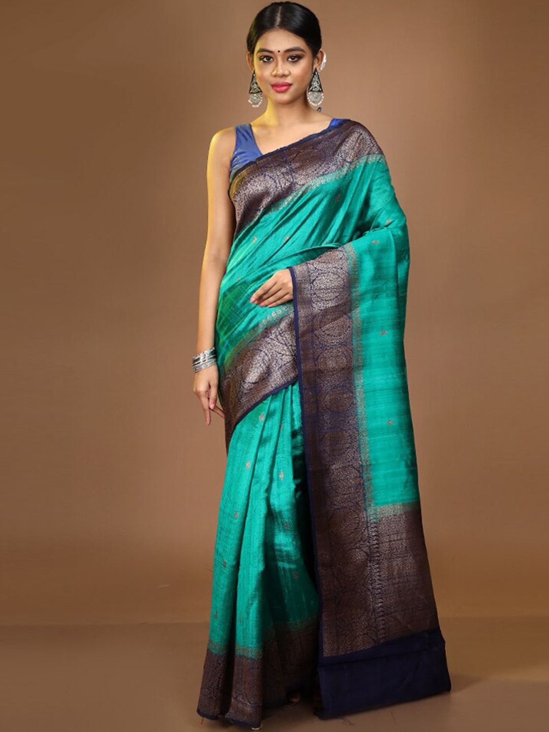 

AllSilks Green & Blue Woven Design Zari Pure Silk Tussar Saree