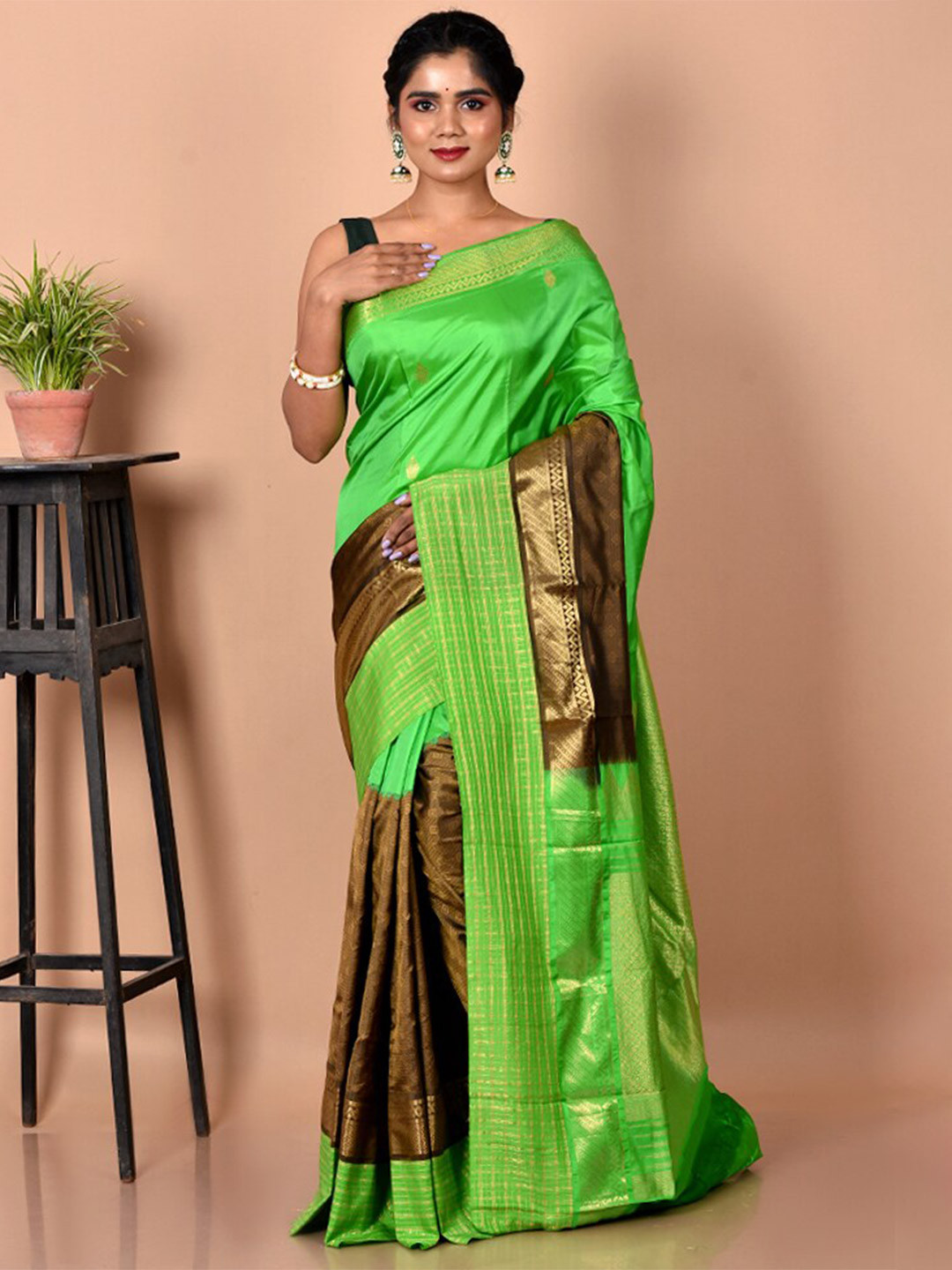 

AllSilks Woven Design Zari Pure Silk Kanjeevaram Saree, Green