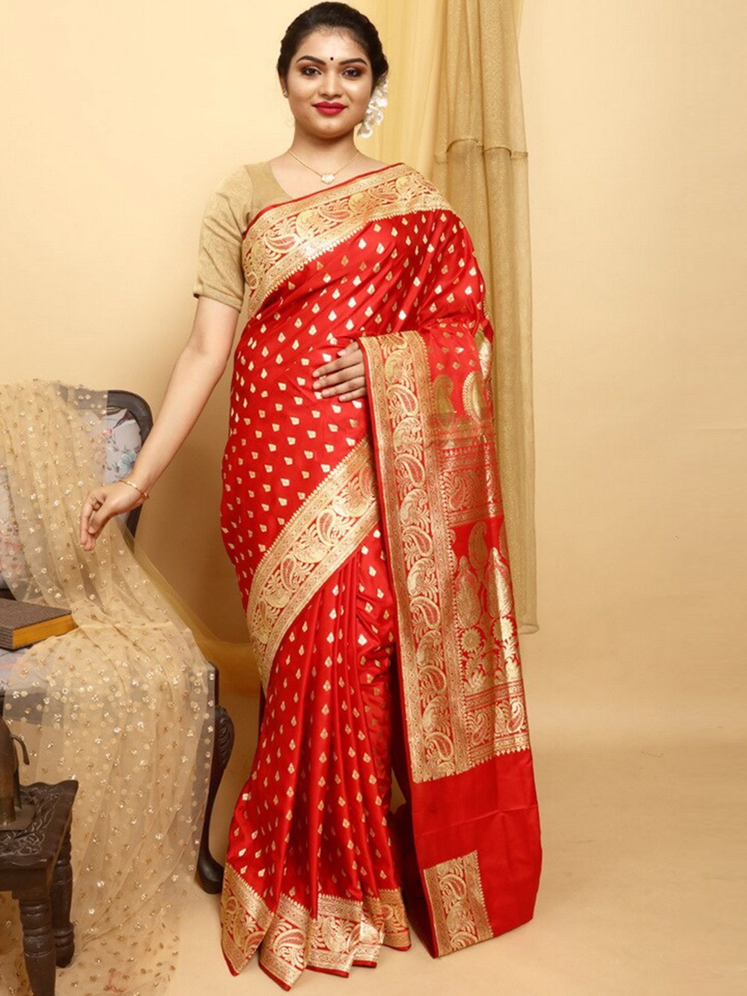 

AllSilks Ethnic Motif Woven Design Zari Handloom Pure Silk Banarasi Saree, Red