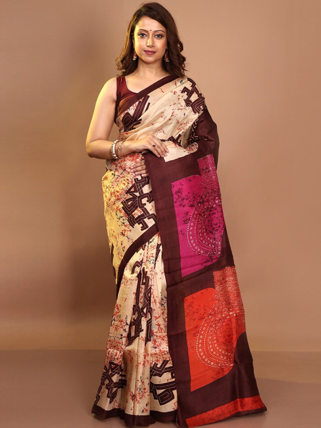 

AllSilks Cream-Coloured & Purple Pure Silk Saree