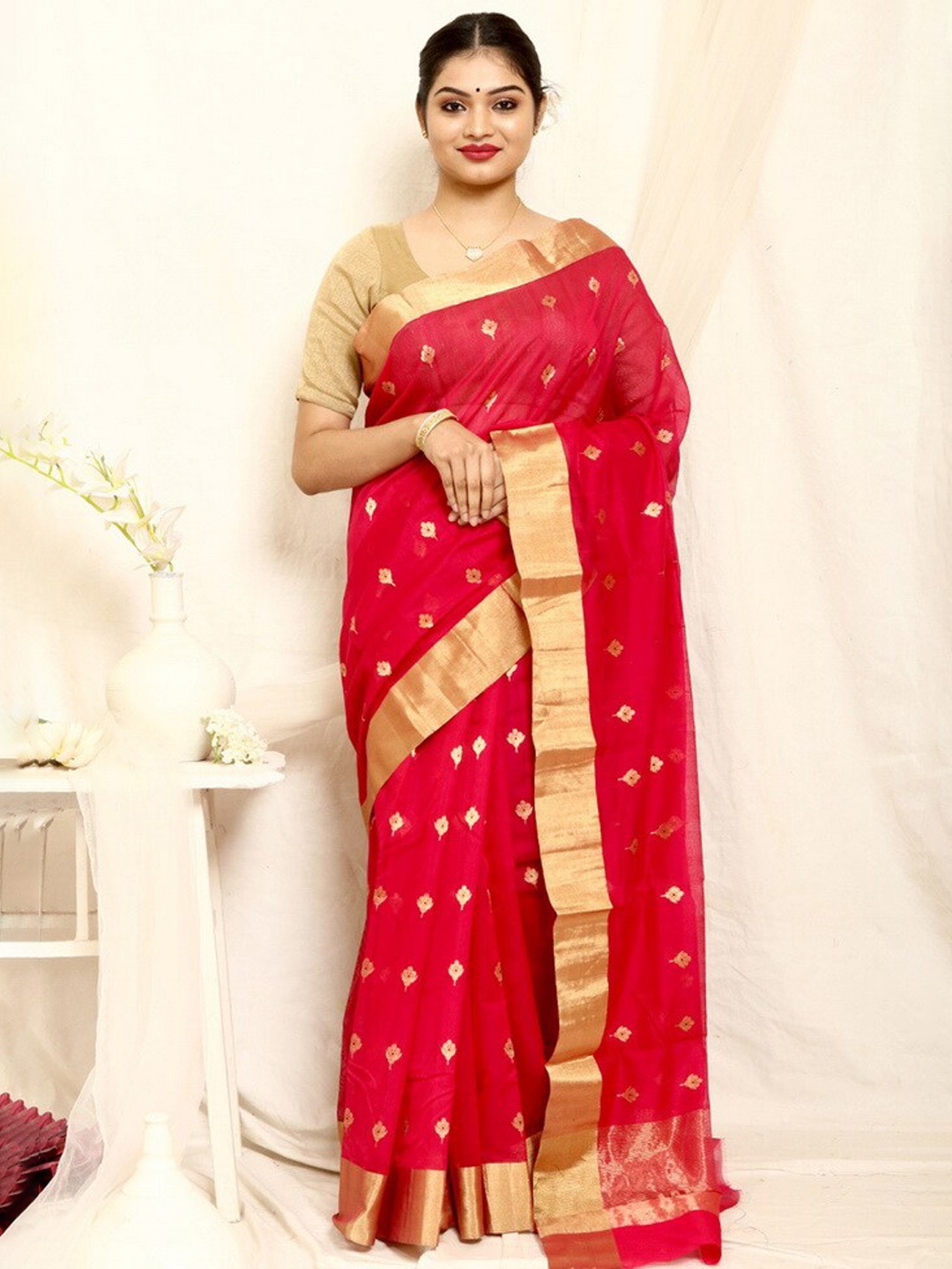 

AllSilks Ethnic Motifs Woven Design Zari Pure Silk Chanderi Saree, Red