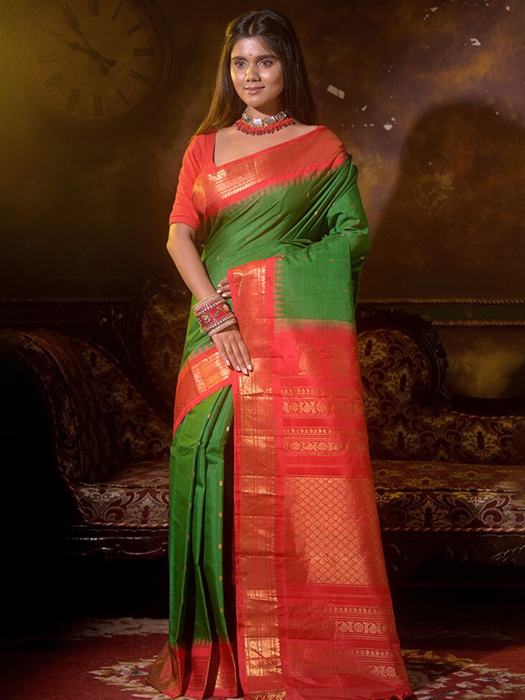 

AllSilks Woven Design Zari Pure Silk Gadwal Saree, Green