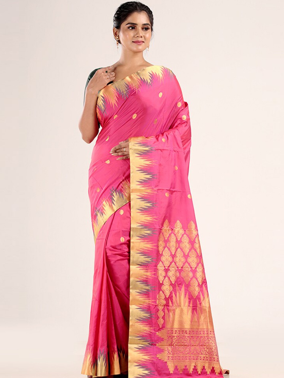 

AllSilks Pink & Gold-Toned Woven Design Zari Pure Silk Kanjeevaram Saree