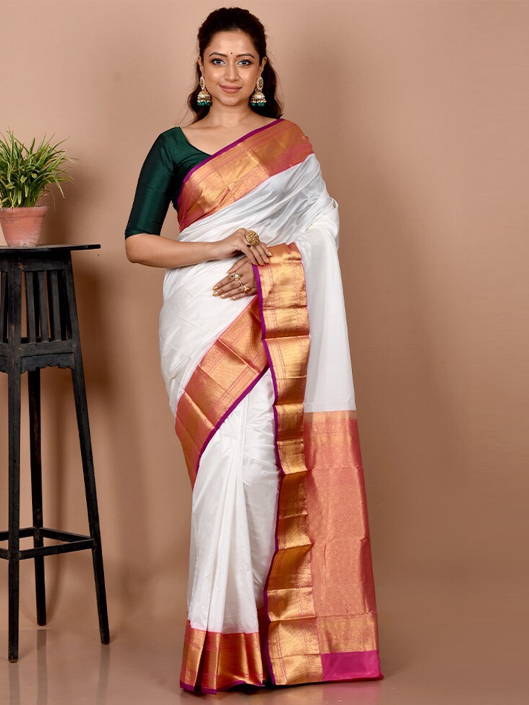 

AllSilks Pure Silk Zari Kanjeevaram Saree, White