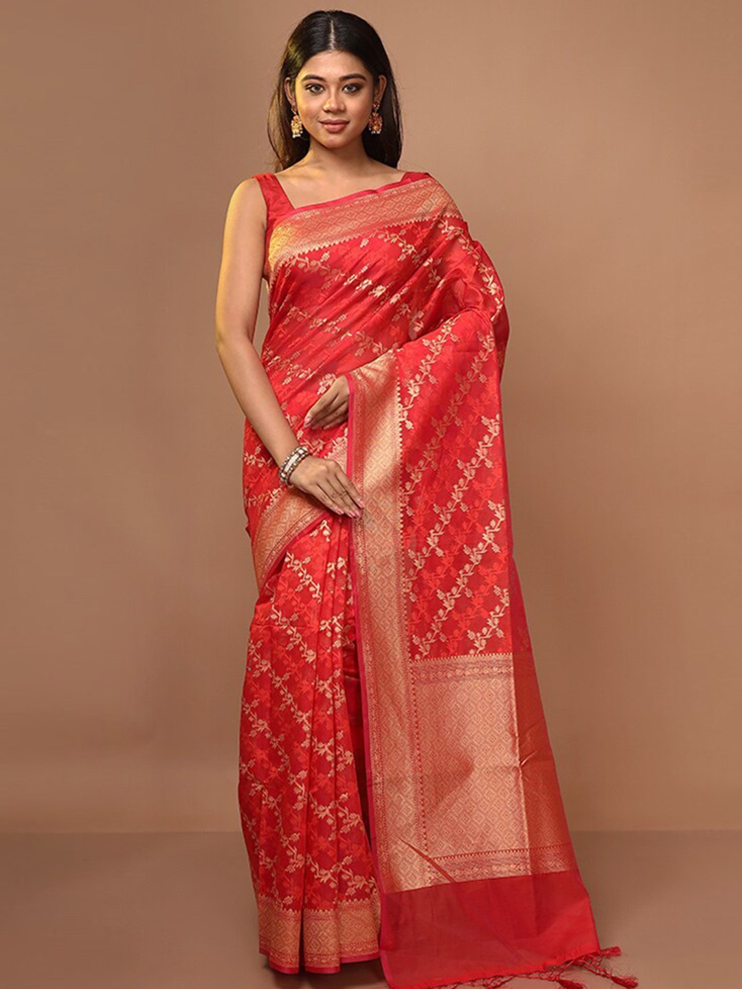 

AllSilks Red & Gold-Toned Woven Design Zari Pure Silk Saree