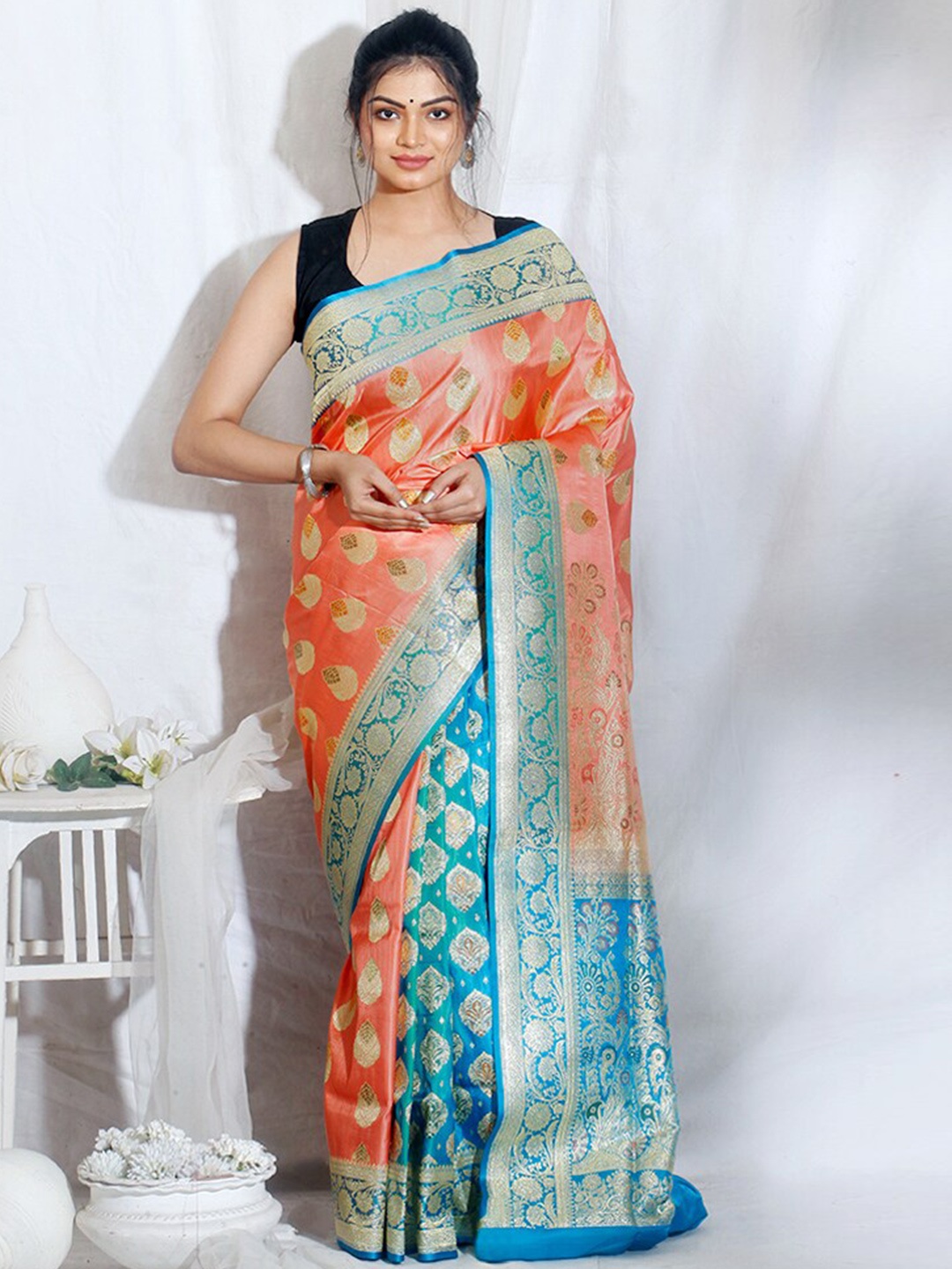 

AllSilks Ethnic Motif Pure Silk Banarasi Zari Saree With Blouse Piece, Peach