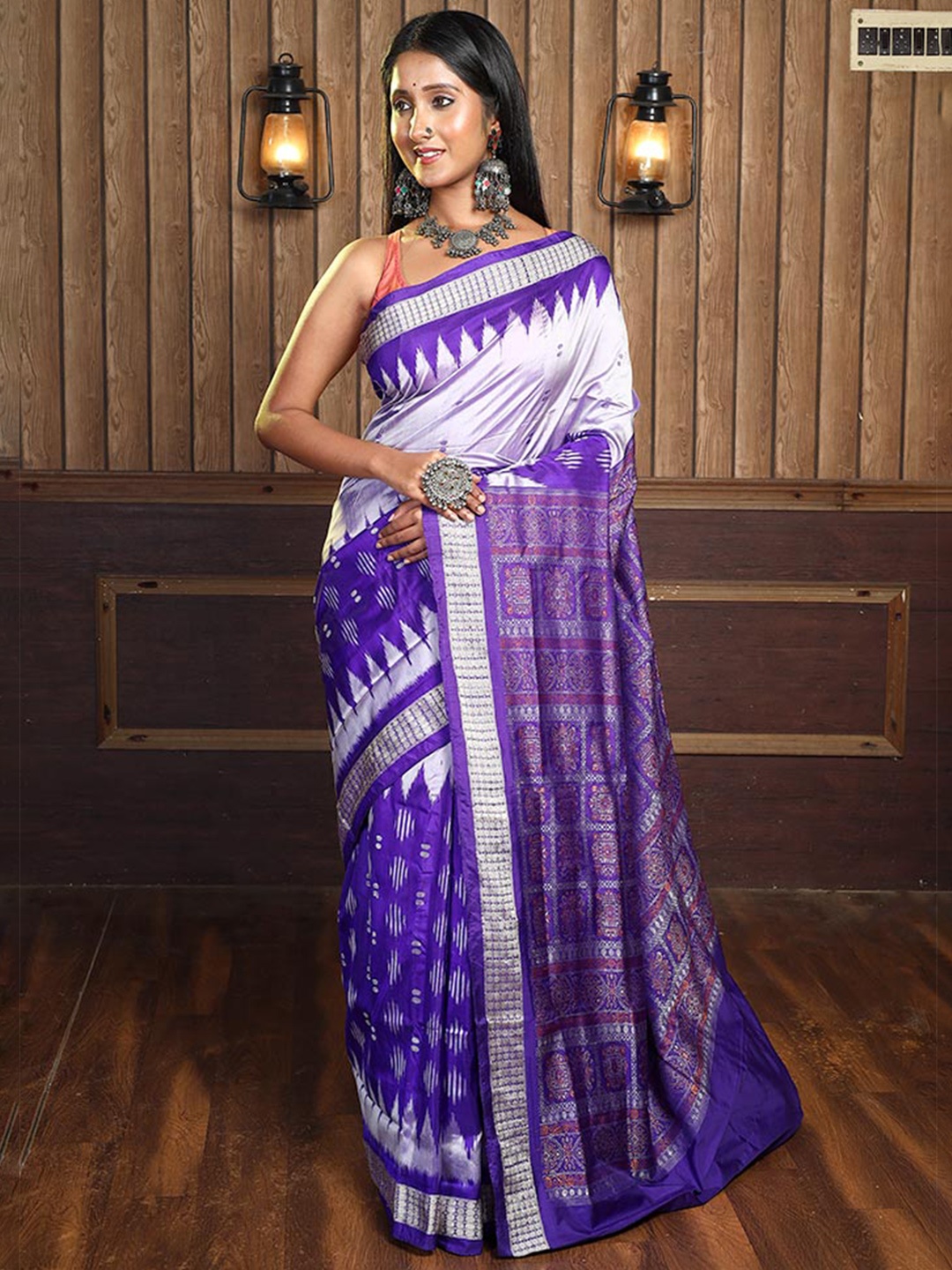 

AllSilks Geometric Woven Design Zari Pure Silk Bomkai Silk Saree, Purple