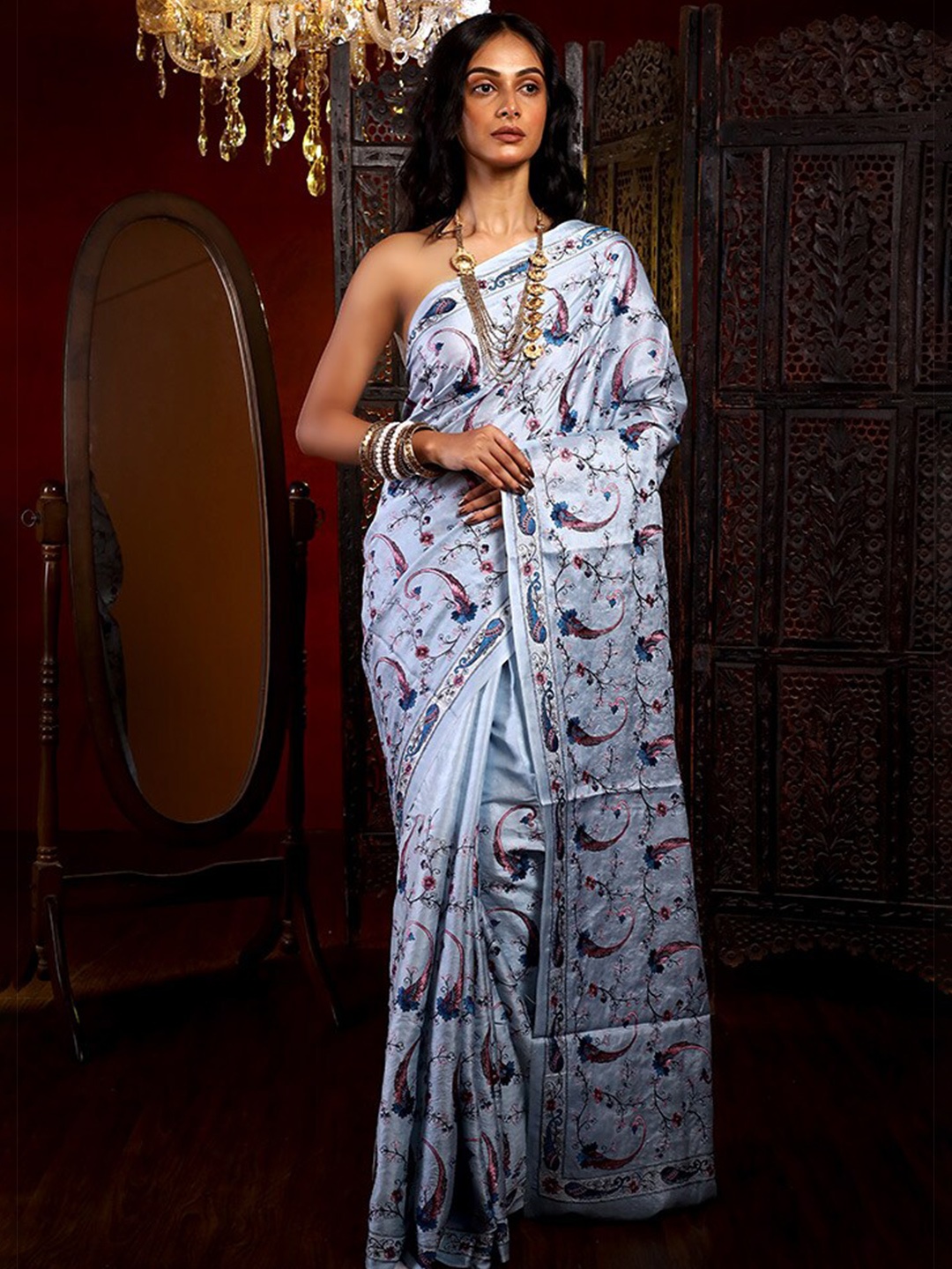 

AllSilks Ethnic Motifs Embroidered Pure Silk Tussar Saree, Blue