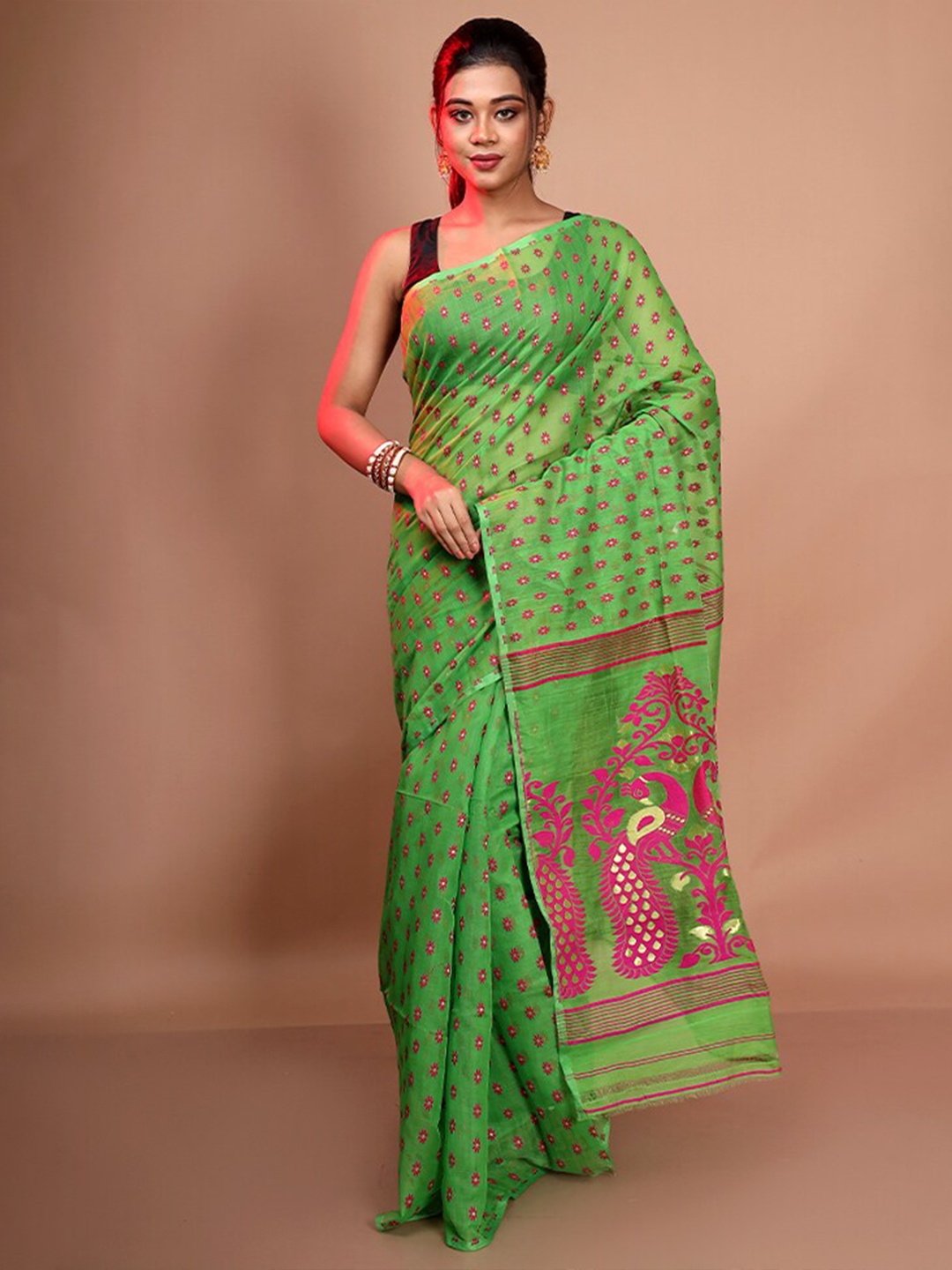 

AllSilks Floral Woven Design Pure Silk Taant Saree, Green